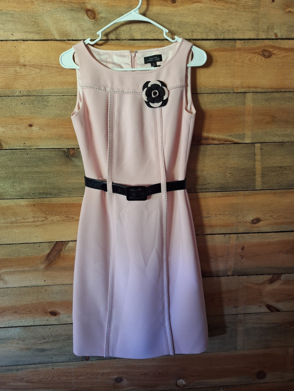 Tahari ASL Light Pink Sleeveless Sheath Dress with Black Belt & Flower Pin